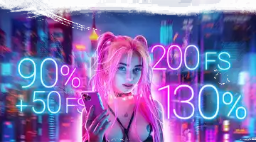 Image of a woman with pink hair holding a smartphone, representing Vulkan Platinum Online-casino's bonus offers, with neon text for free spins and deposit percentages.