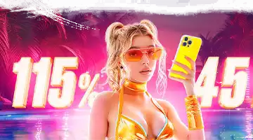 Image of a woman in a gold outfit holding a phone, symbolizing the weekly bonus at Vulkan Platinum Web-casino with highlighted percentage and free spin offers.