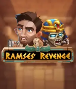 Uncover the thrilling world of Ramses' Revenge slot by Relax Gaming, featuring a frightened explorer and a fierce mummy set against an Egyptian tomb backdrop. This graphic depicts the adventure of tomb exploration, ideal for those interested in historical adventures, providing a gripping escape. 